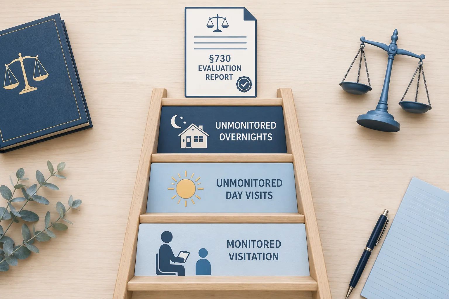 Three-level custody visitation ladder from monitored visits to overnights with a section 730 evaluation