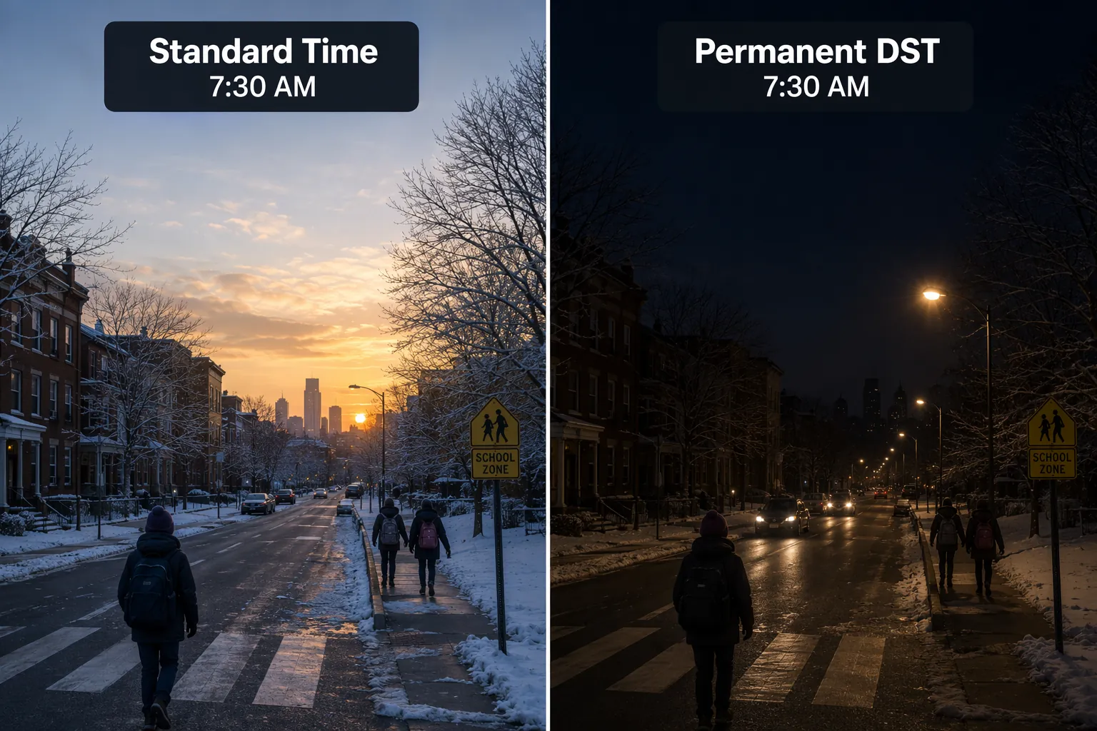 Split-screen winter residential street showing standard time with morning light and permanent daylight saving time with darkness at the same clock time