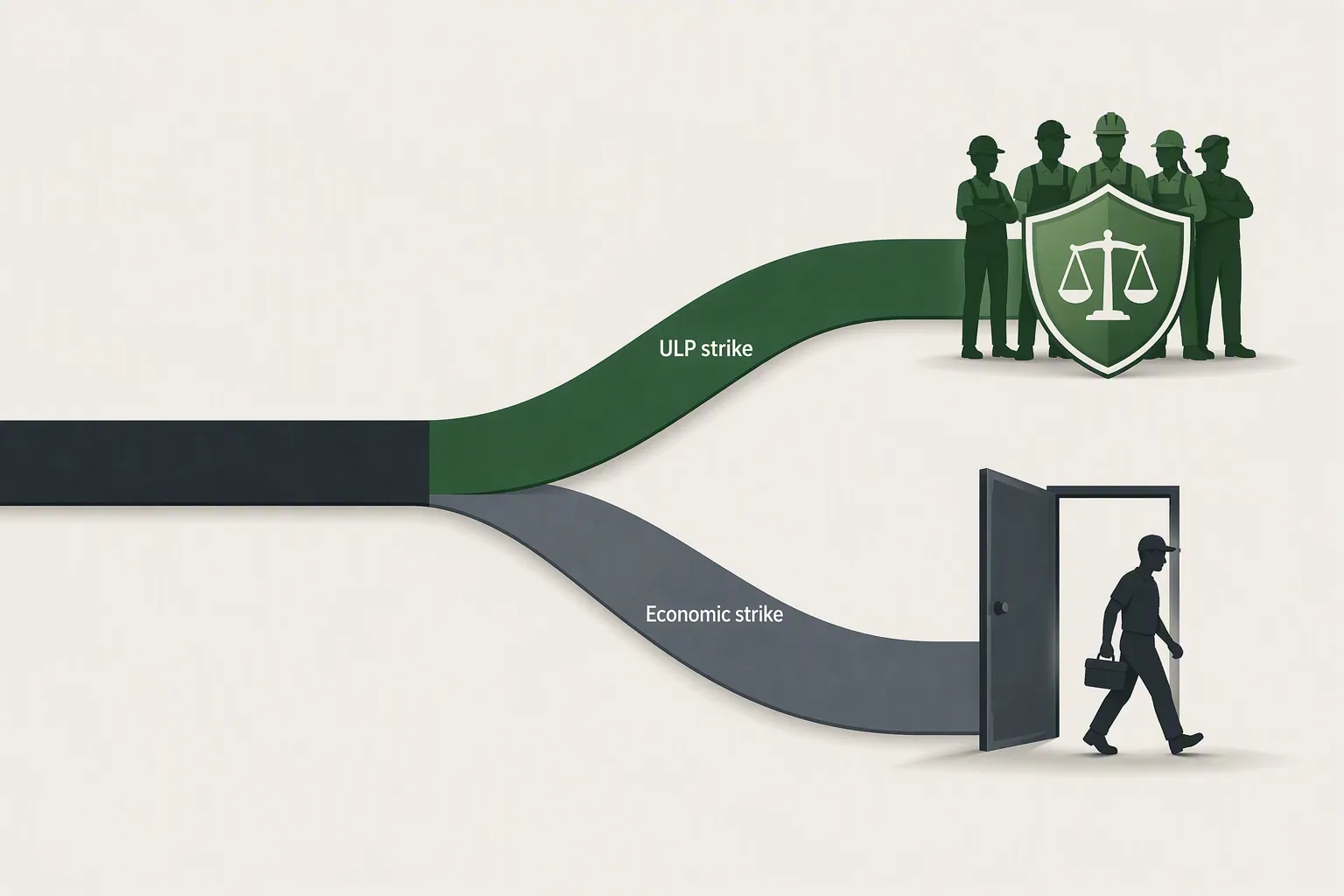 Legal diagram showing a pathway splitting between ULP strike protection and economic strike consequences