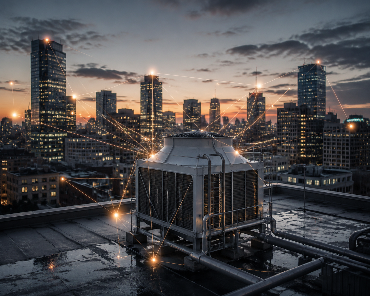 Industrial rooftop cooling tower connected to surrounding buildings by legal-liability network lines