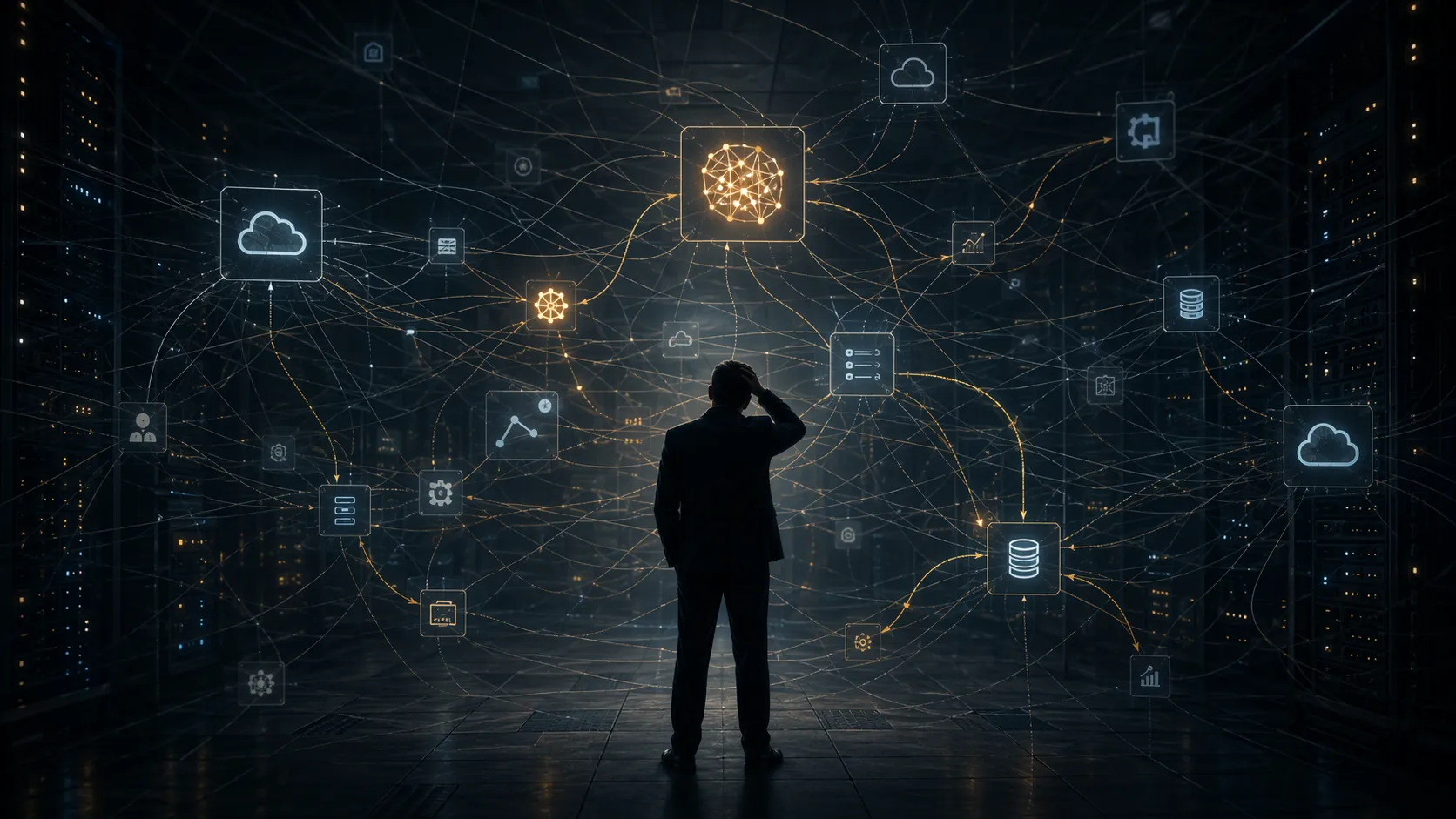 Dark data center with tangled AI model, cloud vendor, and data pipeline connections around a silhouetted figure