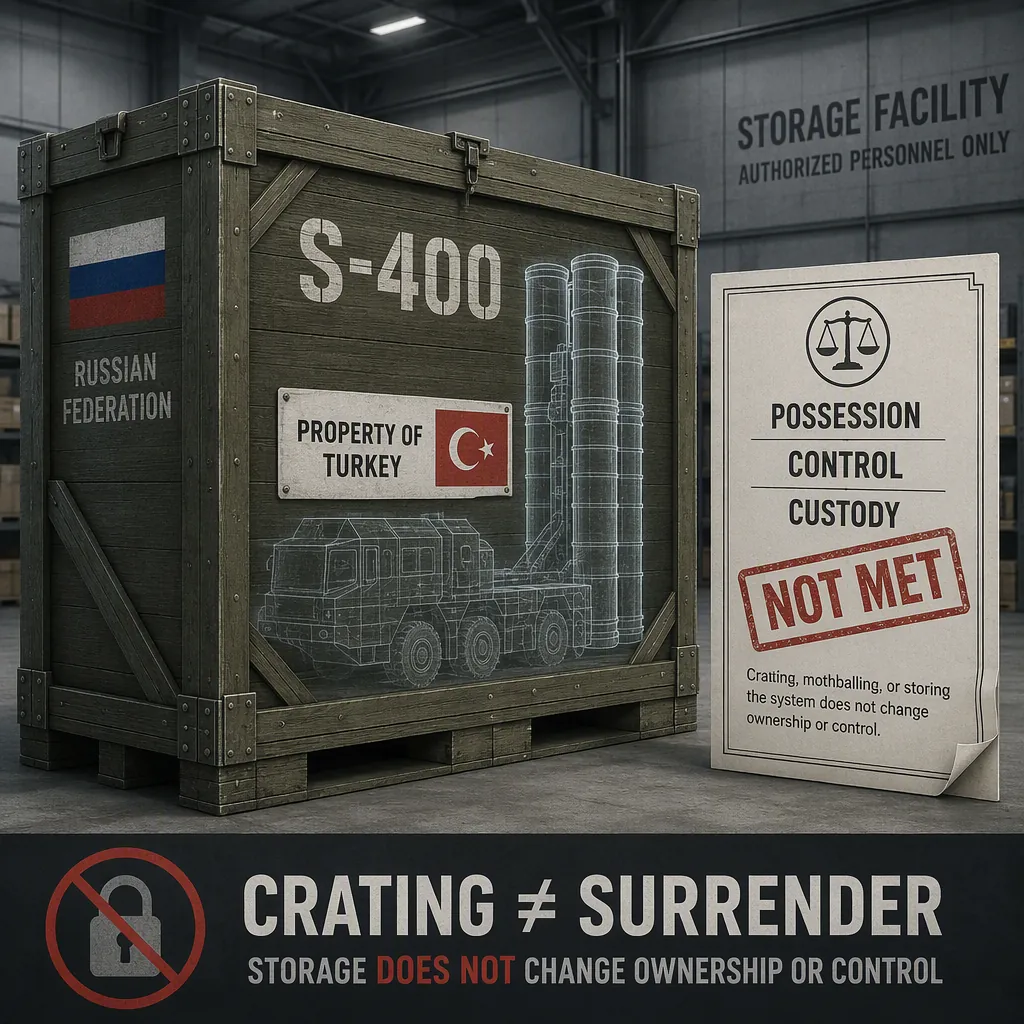 Crated S-400 system marked as Turkish property with a possession control and custody legal seal
