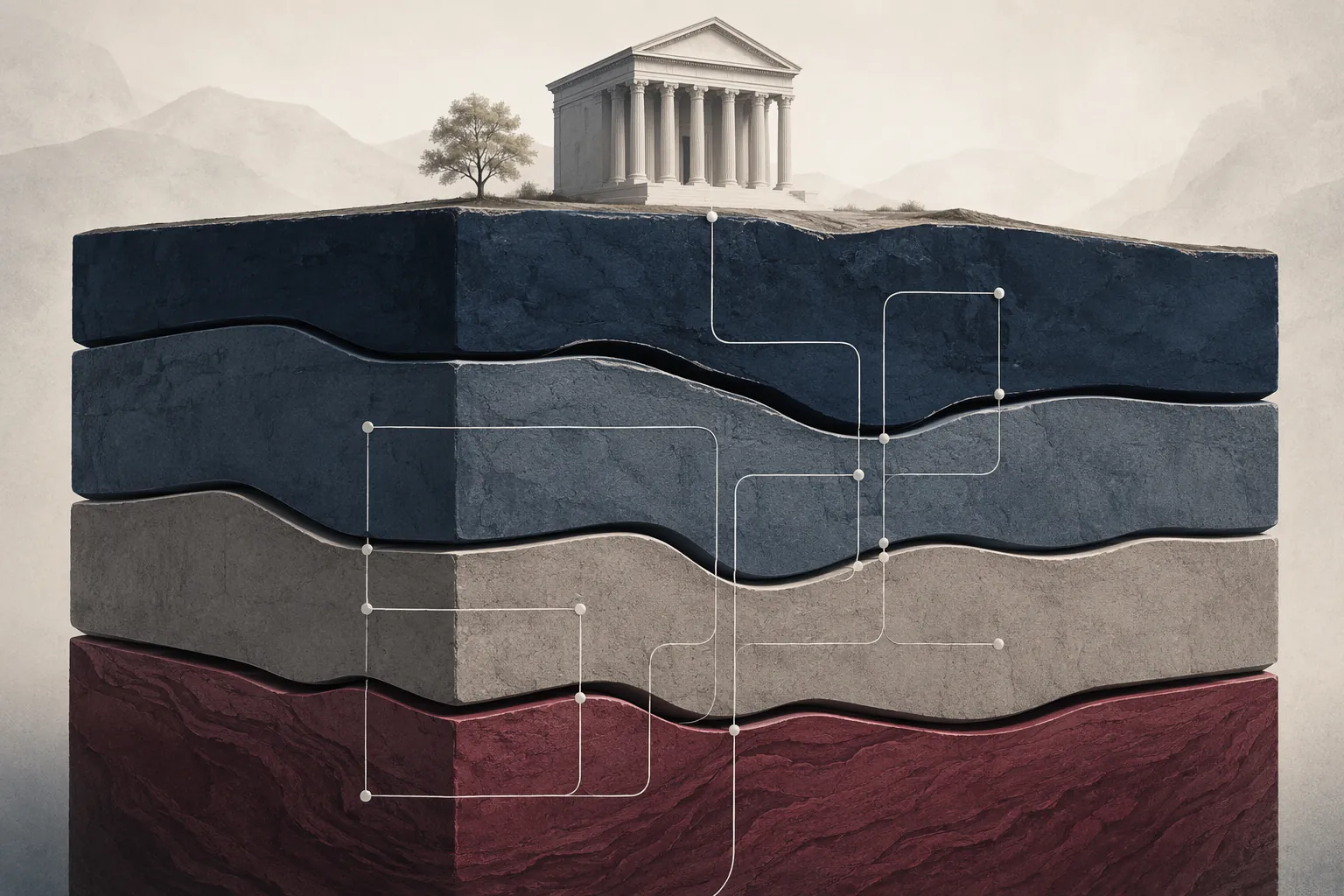 Layered legal claim strata representing a multi-claim liability matrix