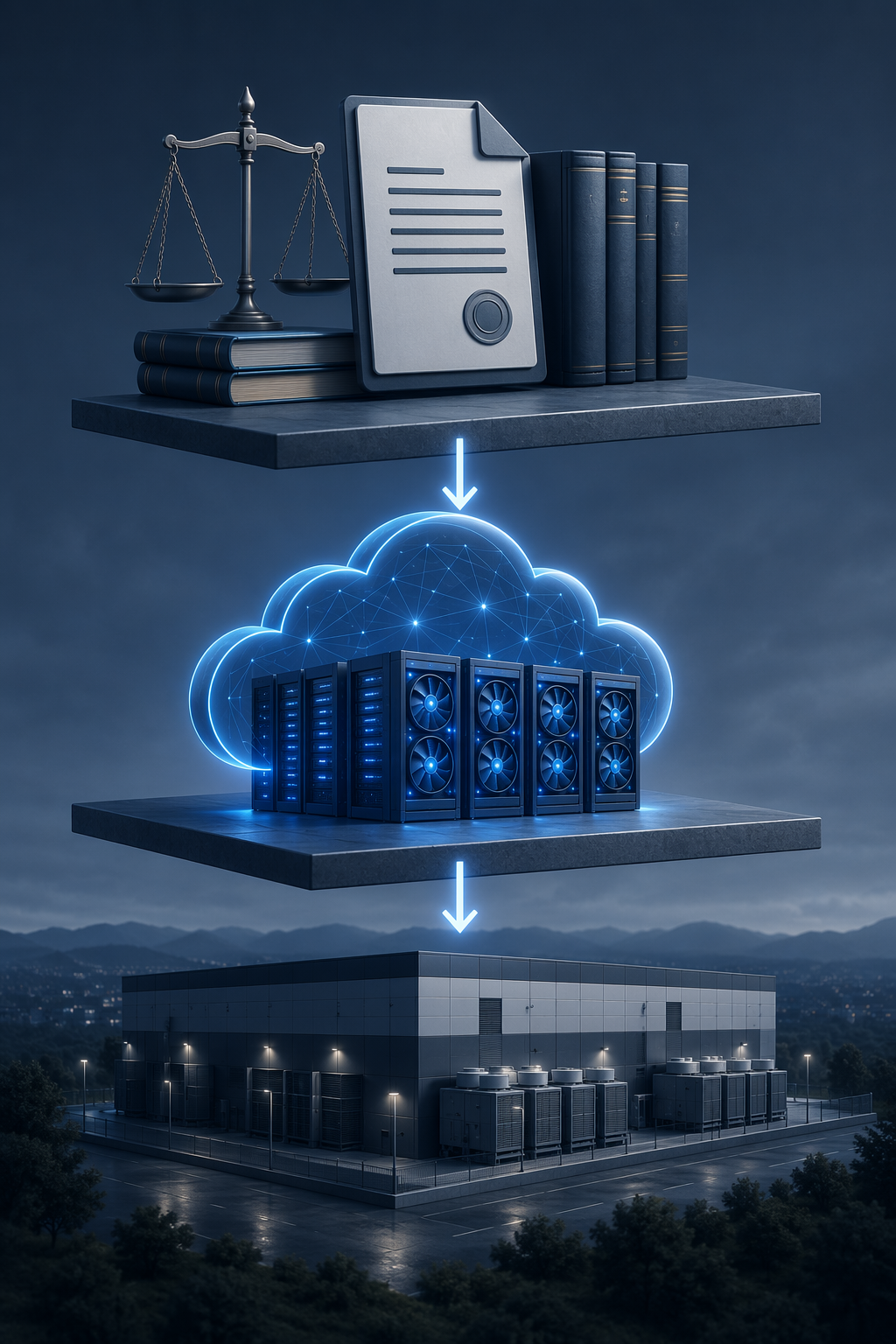 Three-layer illustration showing legal AI tools above a GPU cloud platform and physical data center landlord