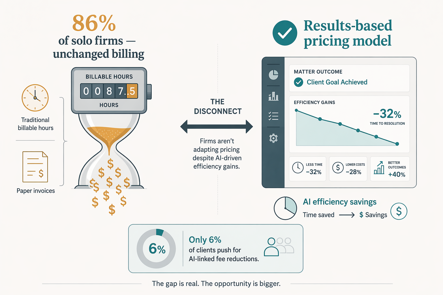 Editorial flat illustration comparing a traditional billable hours clock with dollar signs labeled '86% of solo firms — unchanged billing' on the left against a modern results-based pricing dashboard with efficiency savings on the right, with a disconnect arrow between them and a bottom callout showing 'Only 6% of clients push for AI-linked fee reductions'.