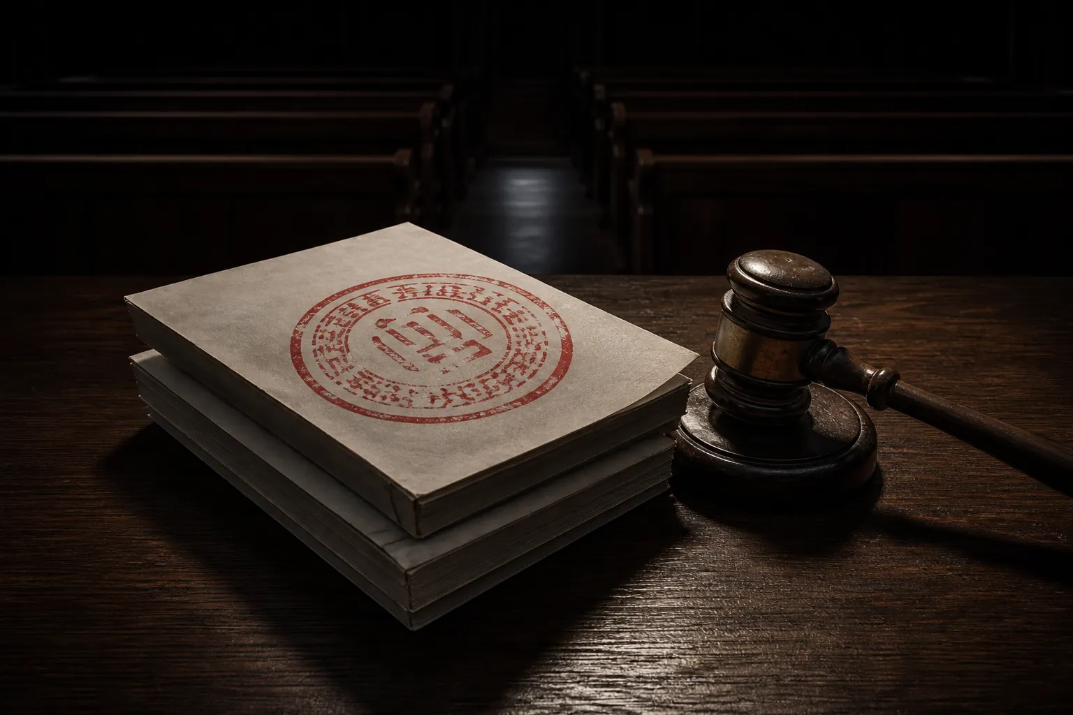 Stacked legal documents with a red stamp on a courtroom table beside a gavel