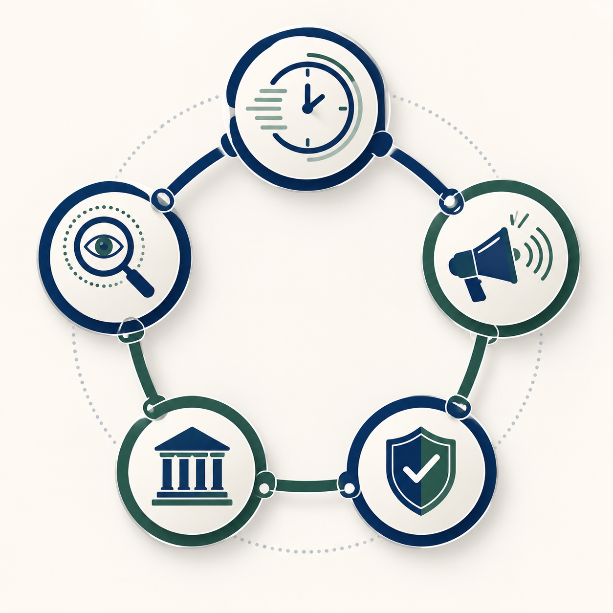 Five connected circular nodes with icons for time, communication, protection, government oversight, and review