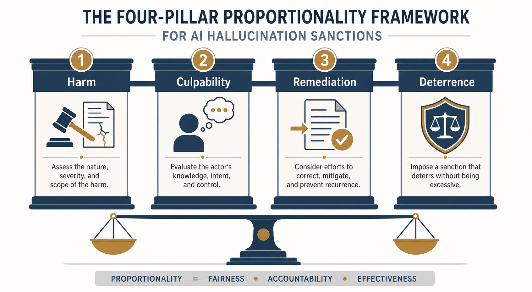 Four connected pillars of the proportionality framework for AI hallucination sanctions. Pillars labeled 'Harm' with gavel-and-document icon, 'Culpability' with person and thought bubble, 'Remediation' with correction icon, and 'Deterrence' with shield icon. A balanced scale sits below the four pillars.