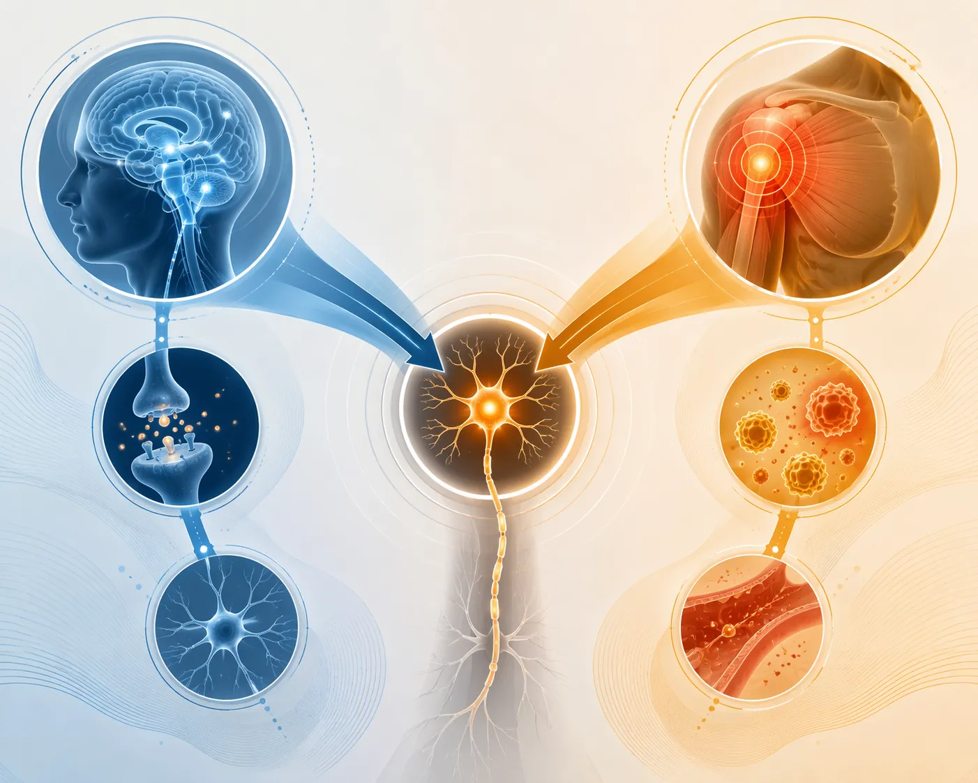 Abstract blue and amber pathways converging on a central pain signal icon to illustrate dual-mechanism pain relief
