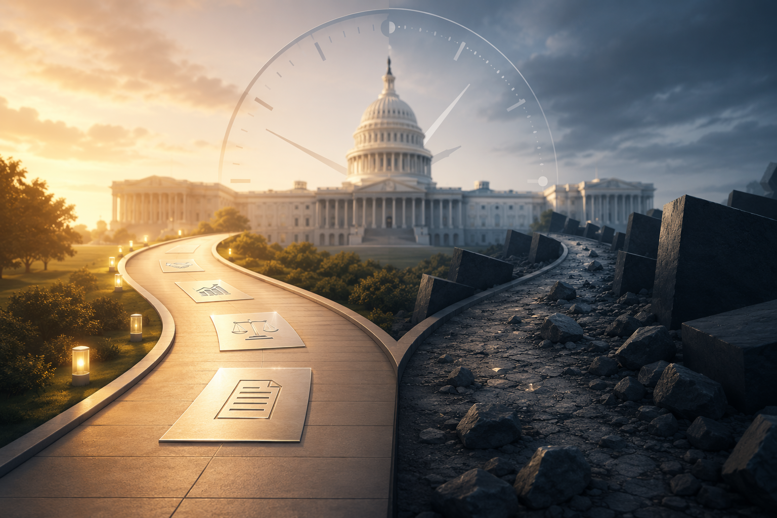 US Capitol with diverging pathways and a clock motif suggesting a limited legislative timeframe