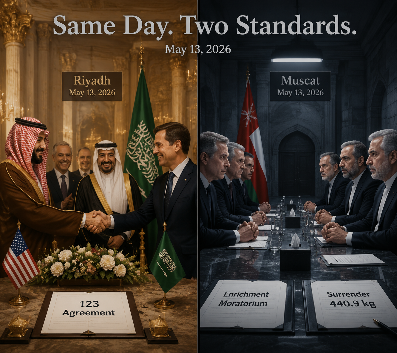 Split-screen illustration of a Riyadh nuclear cooperation signing and a Muscat enrichment negotiation on the same date