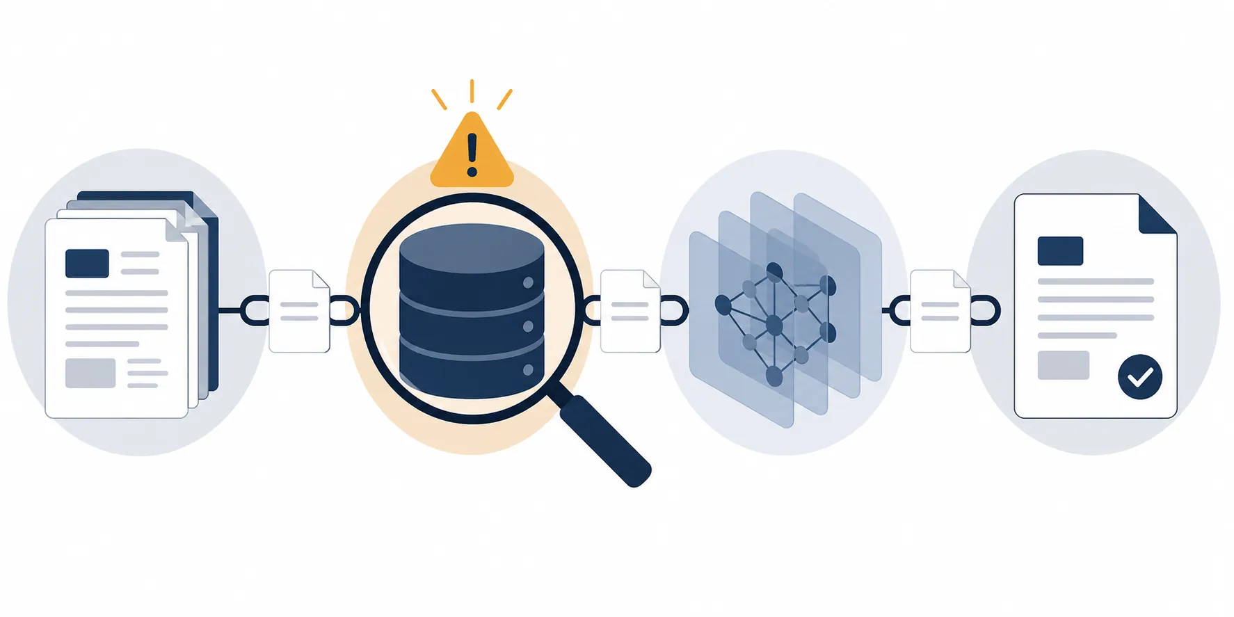 Diagram of a legal-AI data chain with a warning marker over the training-data node while the output document appears clean