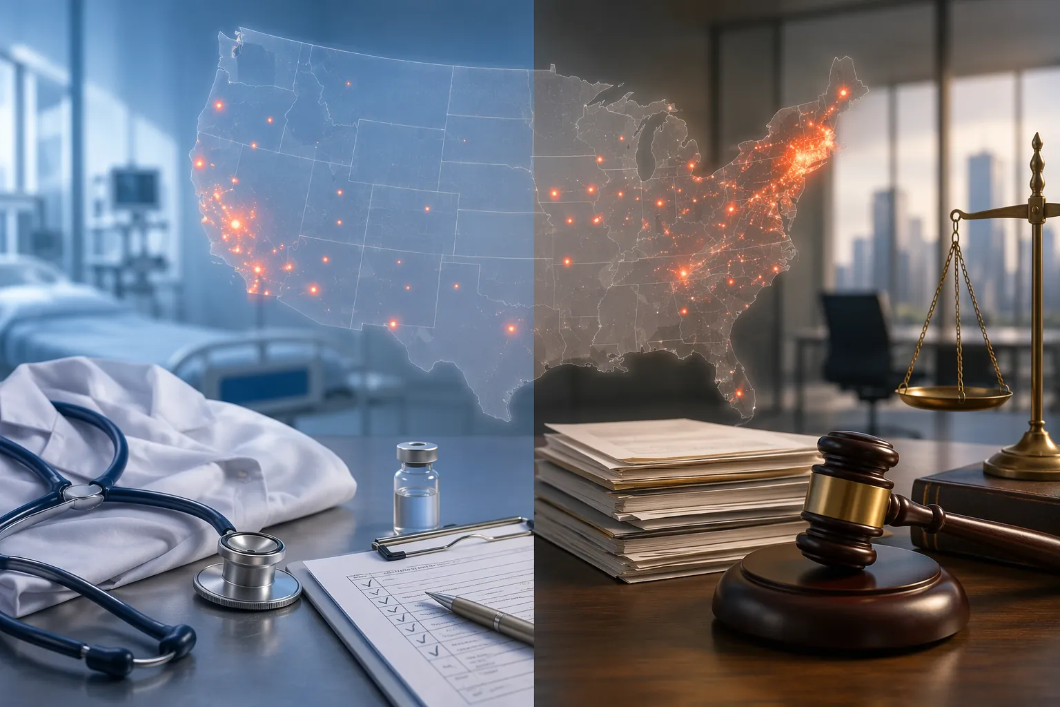 Healthcare vaccination documents and corporate legal documents divided by a United States outbreak map