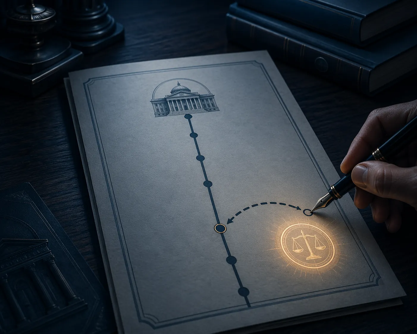 Illustration of a government policy document with a marked procedural deviation and a seal representing justification