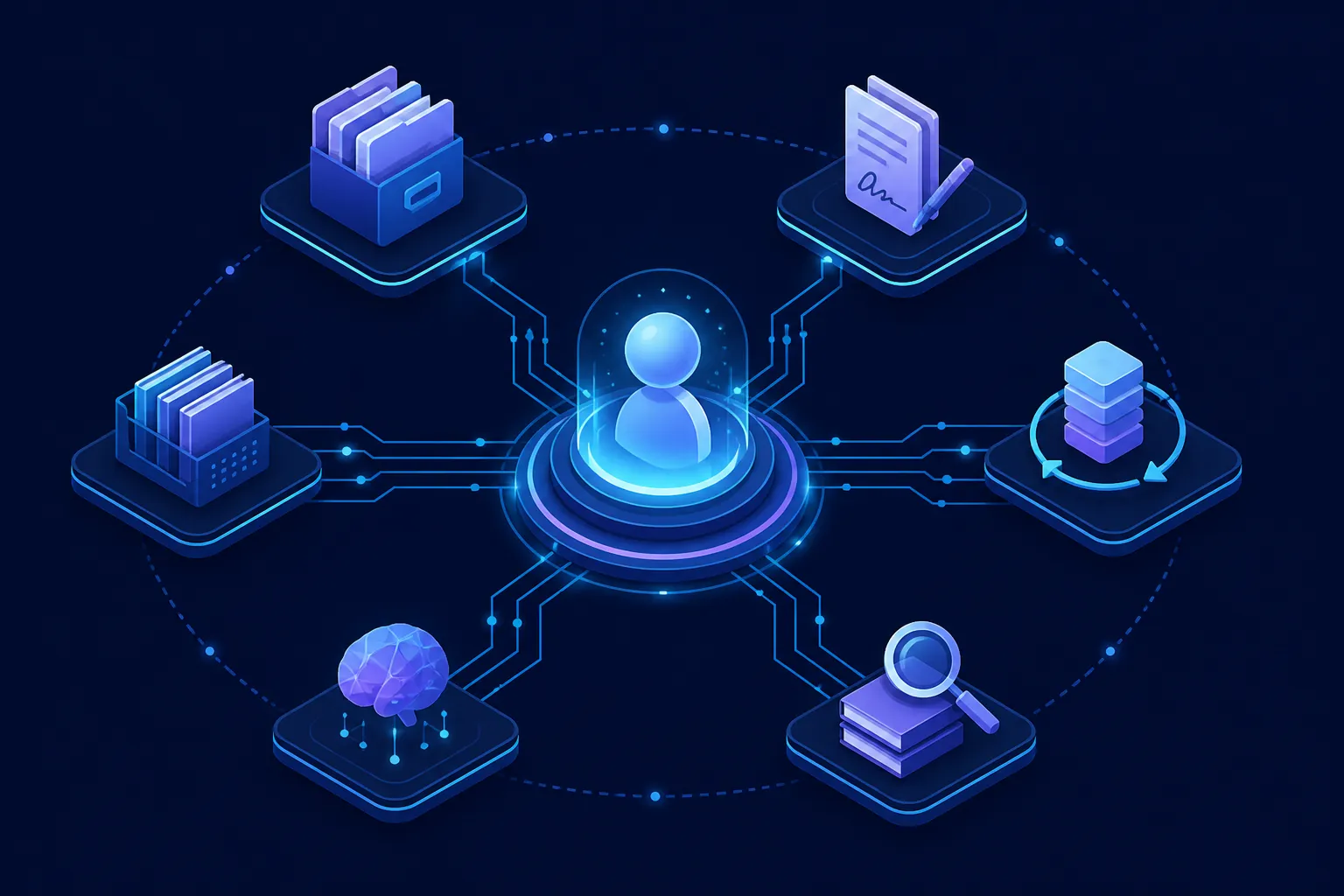 Isometric AI assistant node connected to abstract legal workflow tools