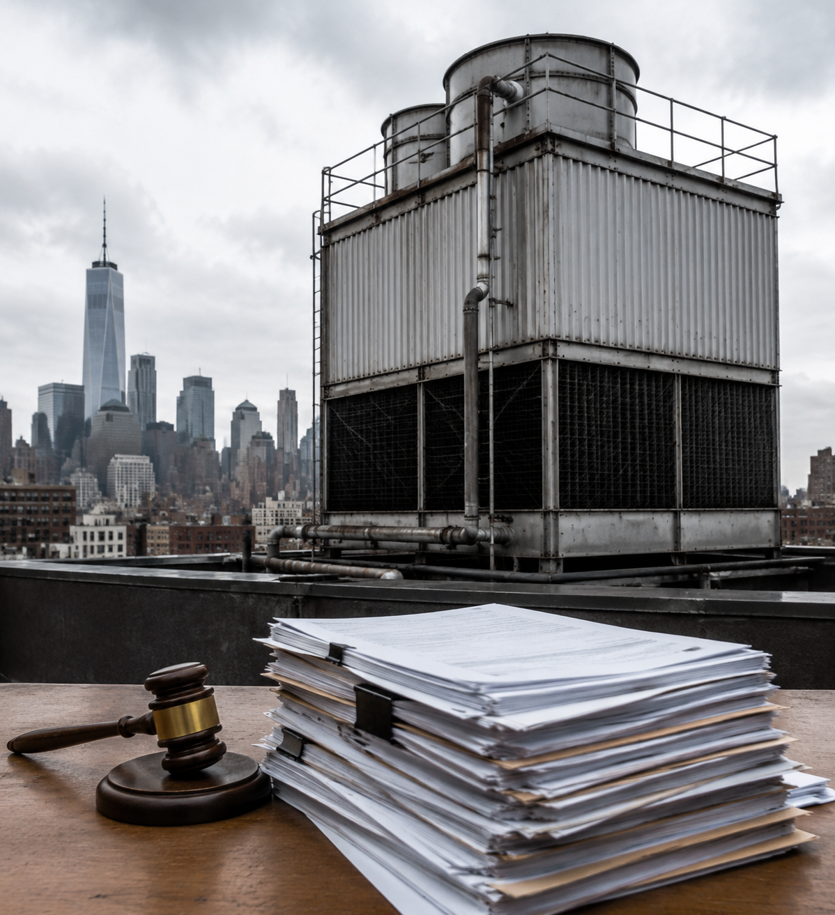 Cooling tower and legal documents symbolizing Legionnaires outbreak litigation