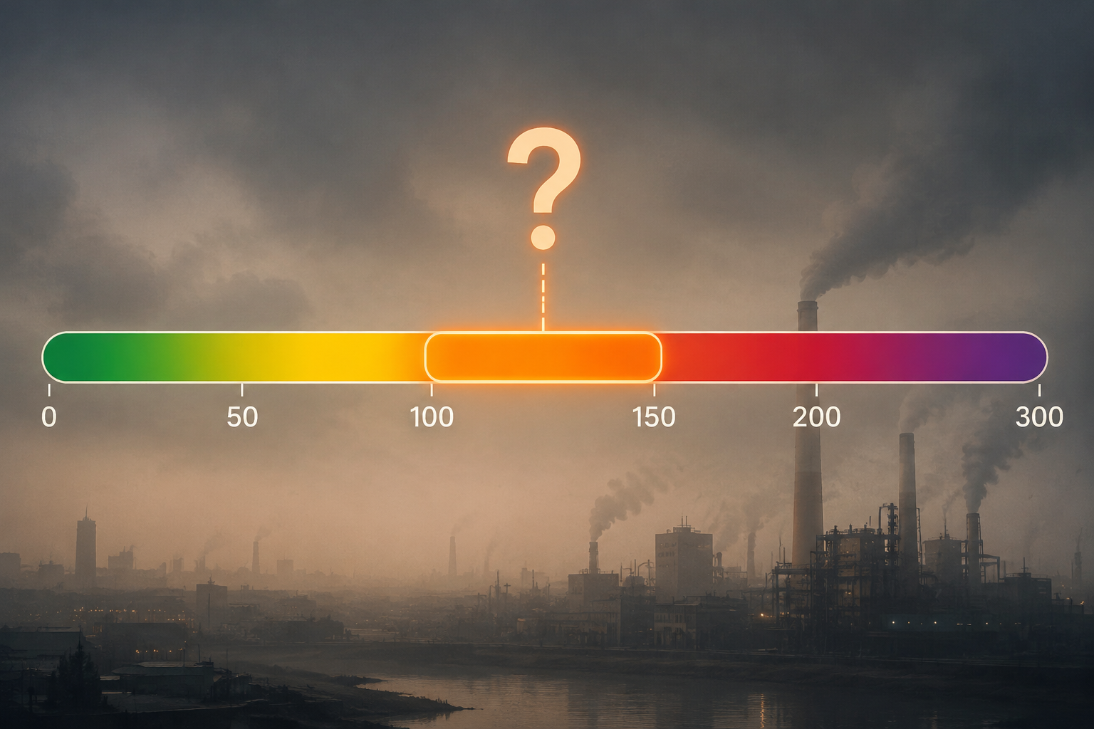 AQI scale highlighting Code Orange from 101 to 150 over a smoky industrial background