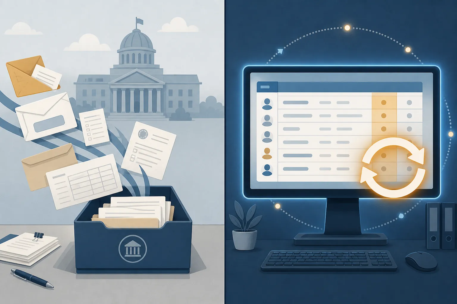 Illustration contrasting received paper records with a continuously updated digital voter list