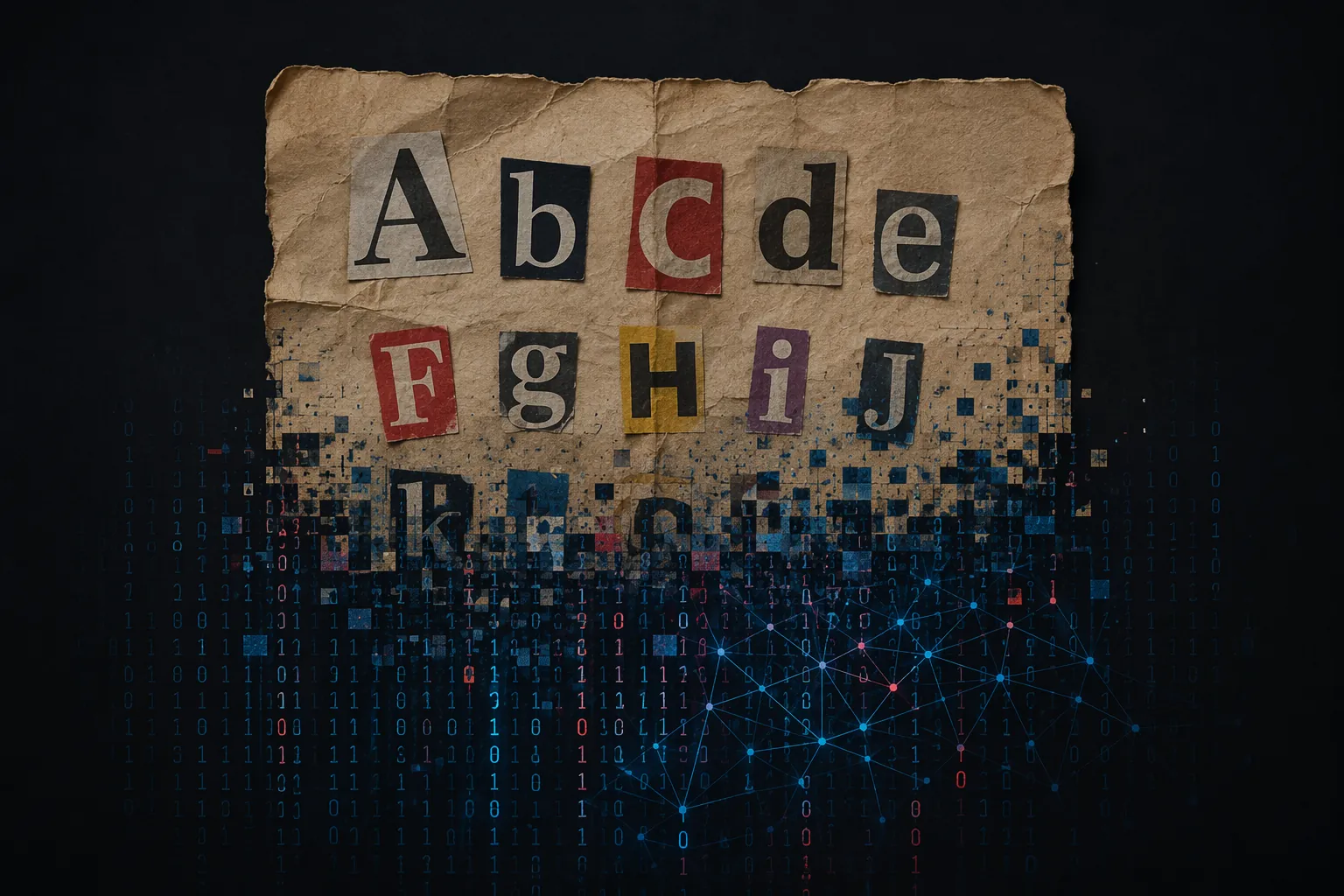Vintage paper ransom note dissolving into digital glitch pixels and neural network patterns