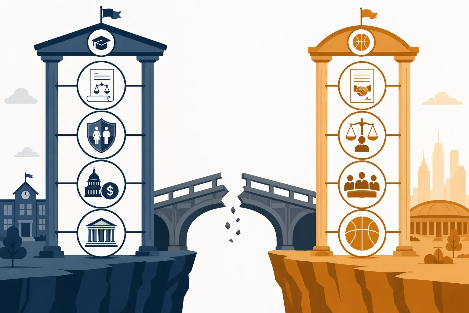 Two legal tracks showing school-sports law under Title IX and Equal Protection separated from professional-league governance under the CBA and employment law