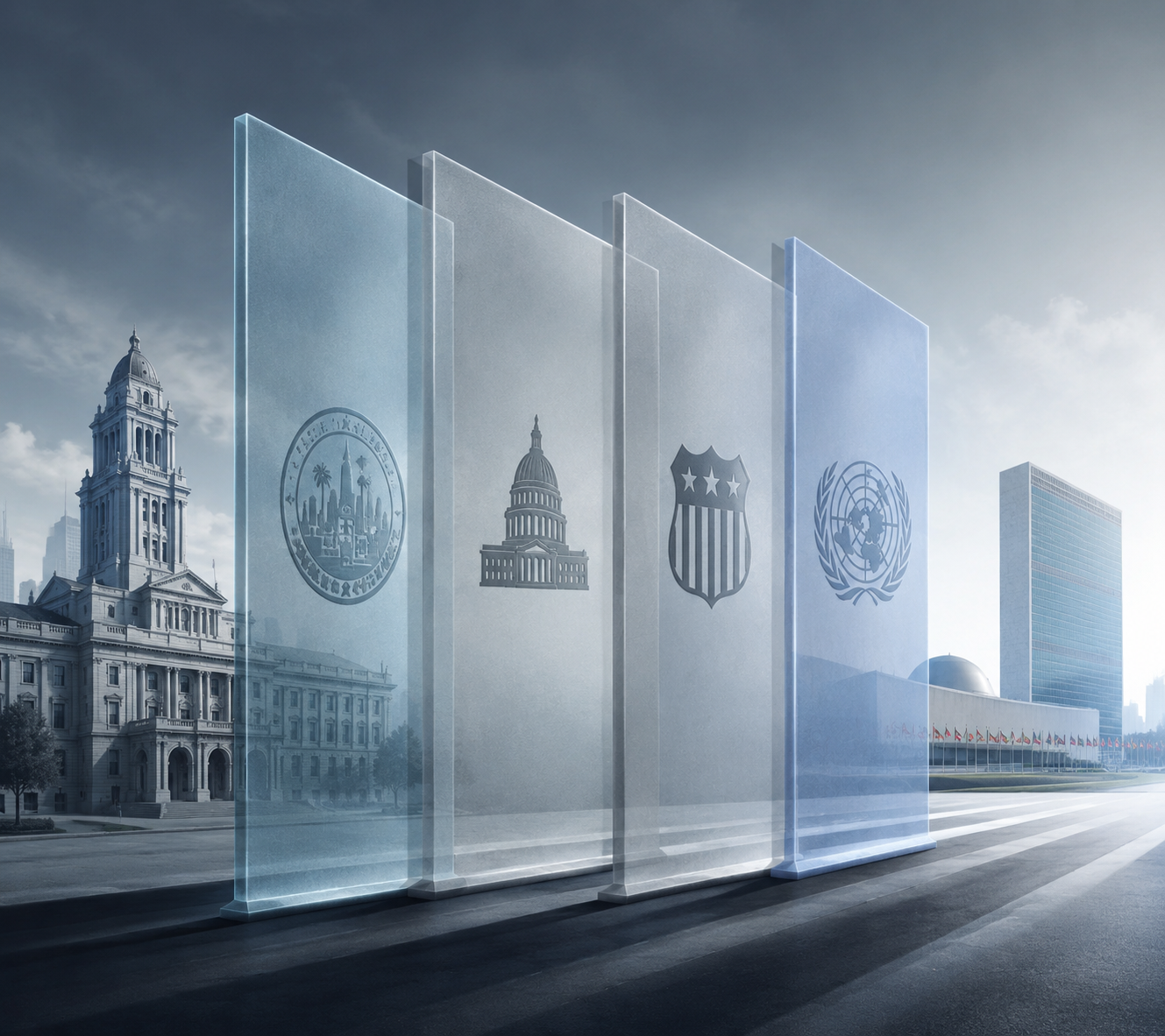 Four layered legal barriers between city hall and a UN-style assembly building