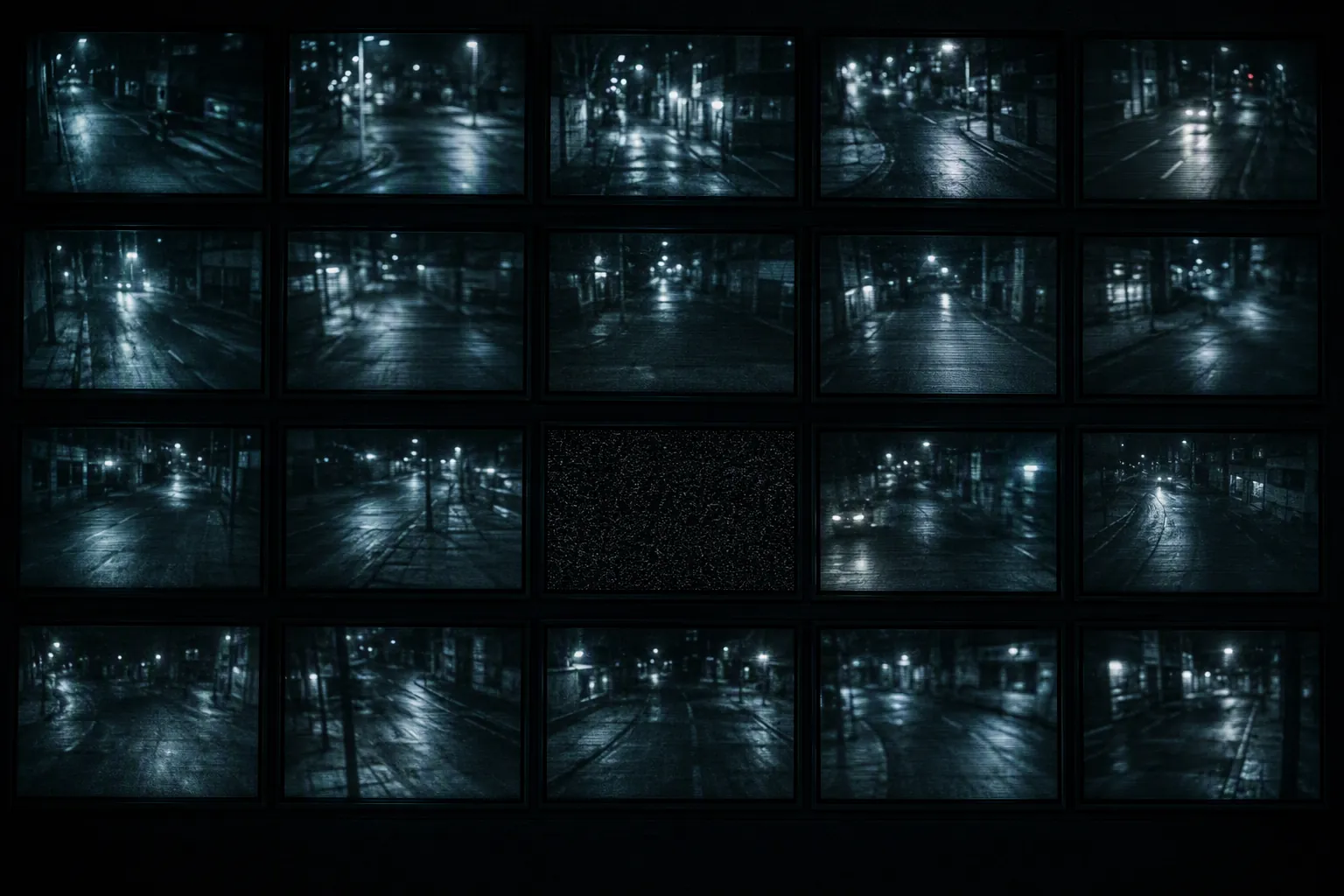 Grid of surveillance camera feeds with one central frame missing and filled with static