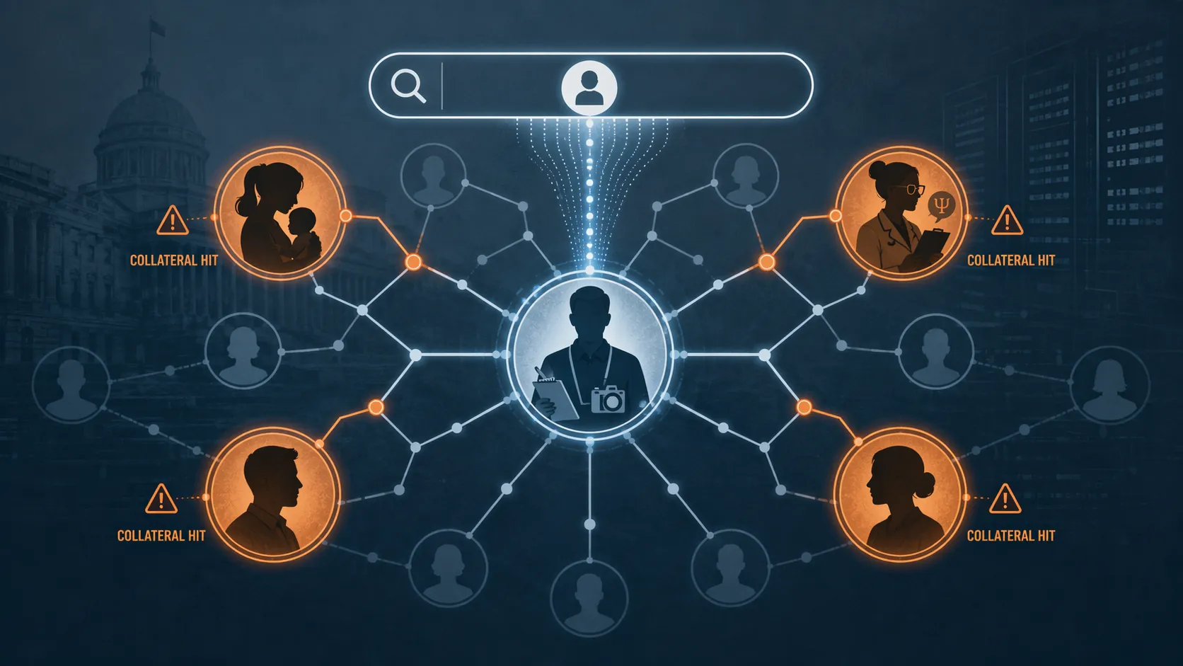 Government database search interface showing incorrect links from a journalist to family members and spouses