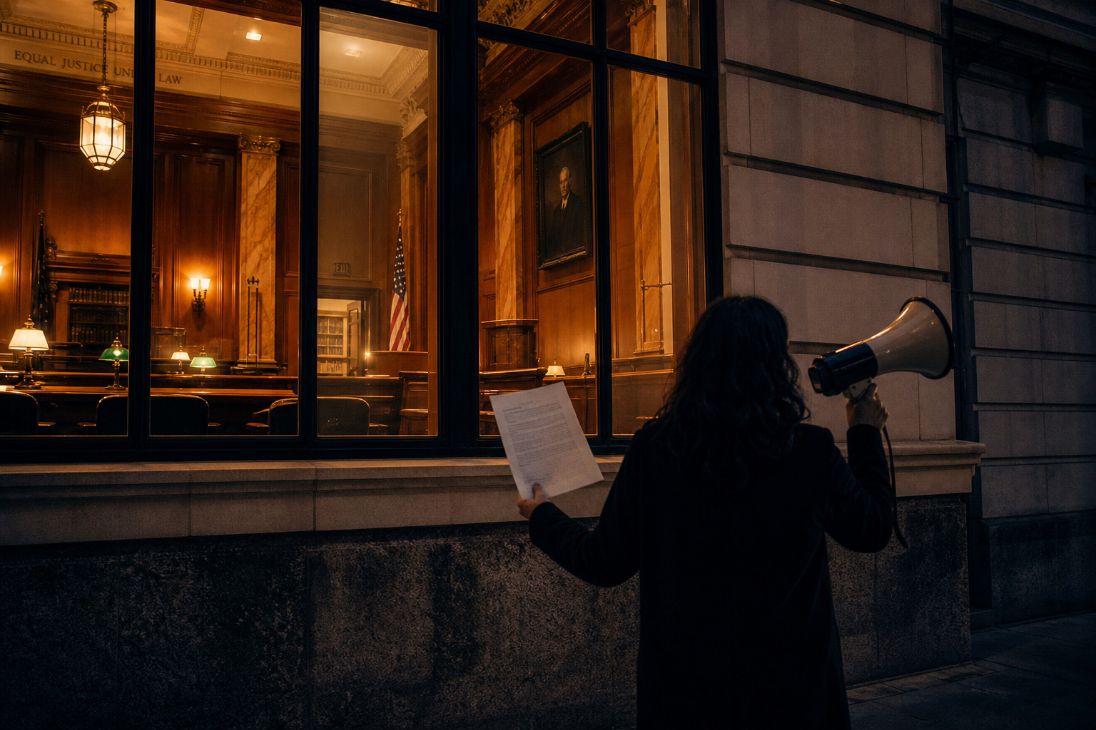 Silhouette outside a courthouse holding a megaphone and a document