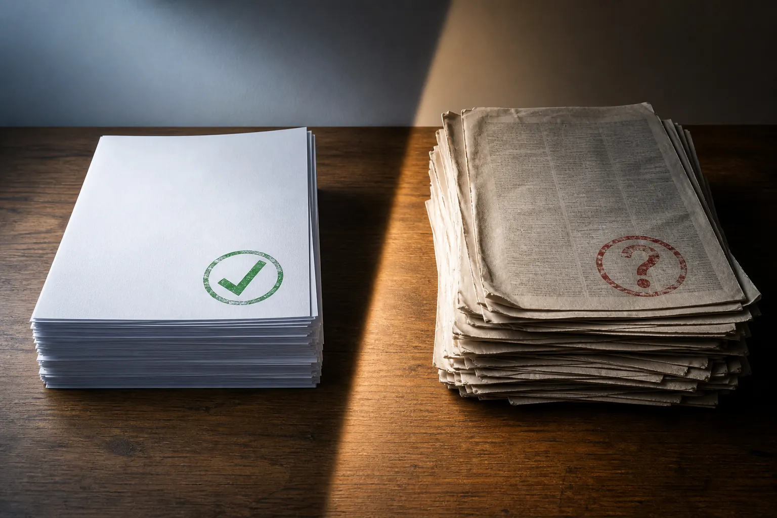 Verified legal pages beside questioned newsprint documents on a desk