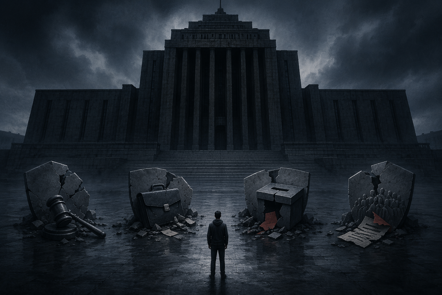 A lone citizen facing a dark government building with a shattered gavel, briefcase, ballot box, and petition between them