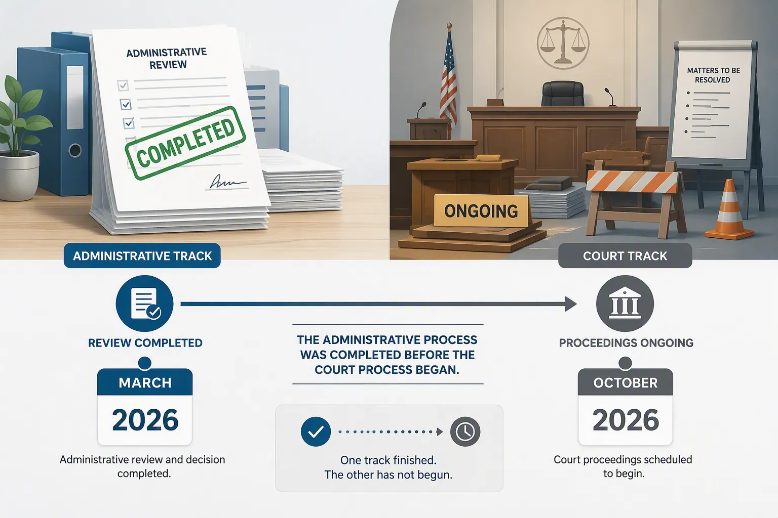Illustration of completed administrative accountability documents beside an unfinished courtroom process