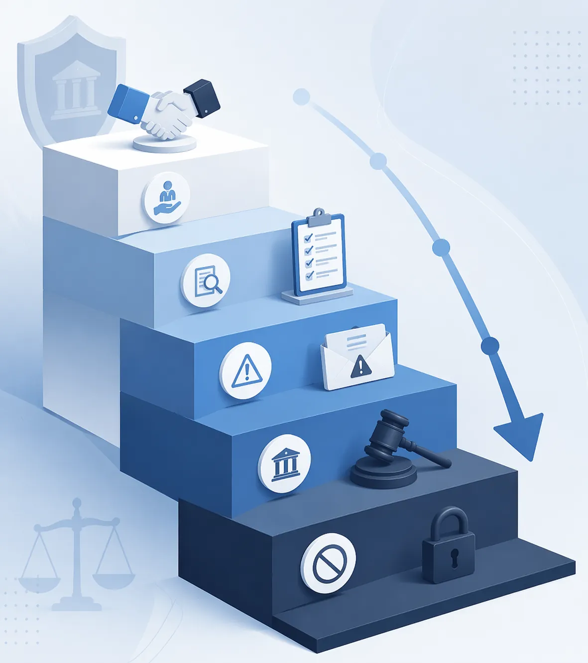 Stepped geometric tiers representing a cascade of FDA regulatory enforcement actions