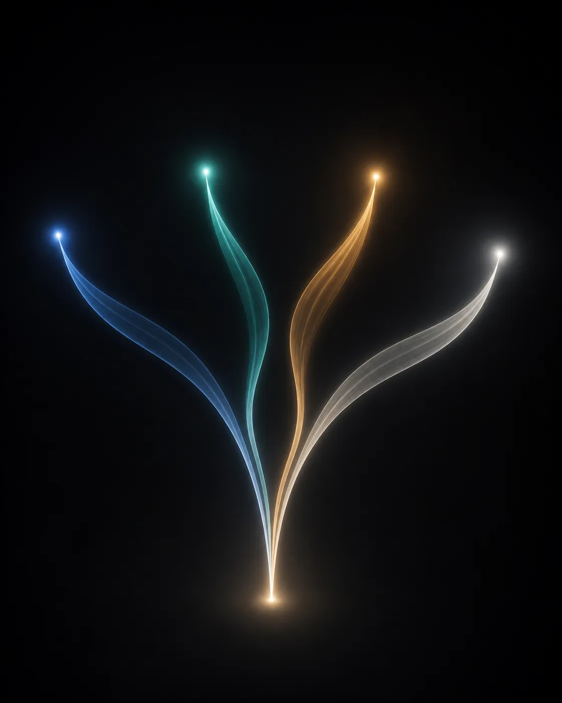 Abstract diagram of four ribbons of light branching from one point to represent four possible verdict outcomes
