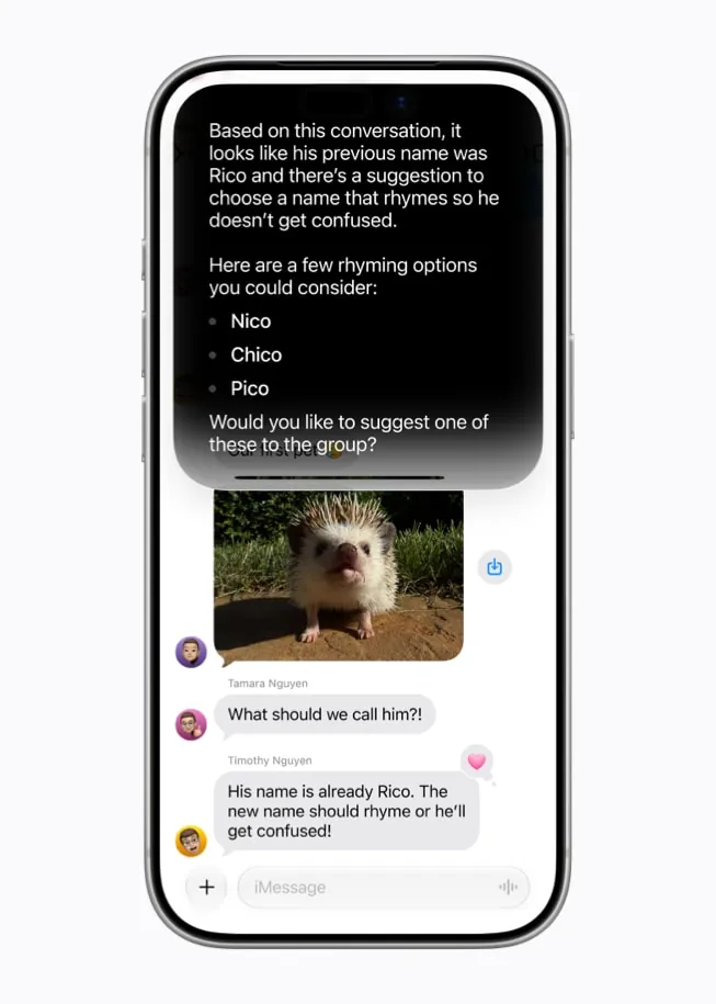 Apple Siri AI interface showing personal-context suggestions drawn from messages, photos, and other device data