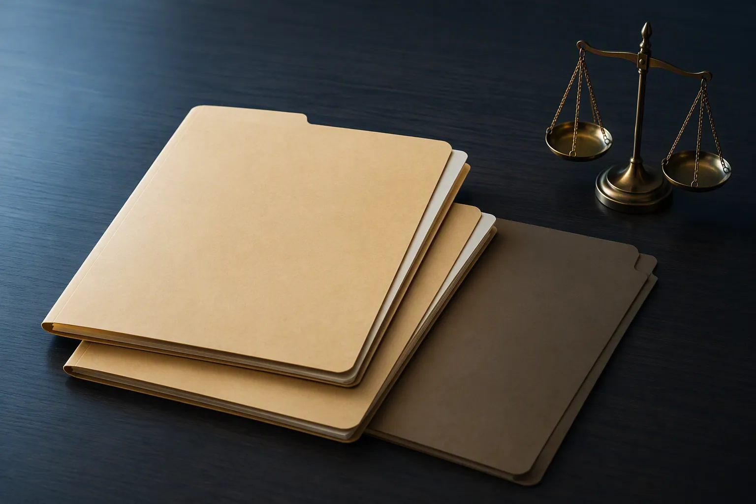 Three legal file folders with the third folder set apart in shadow