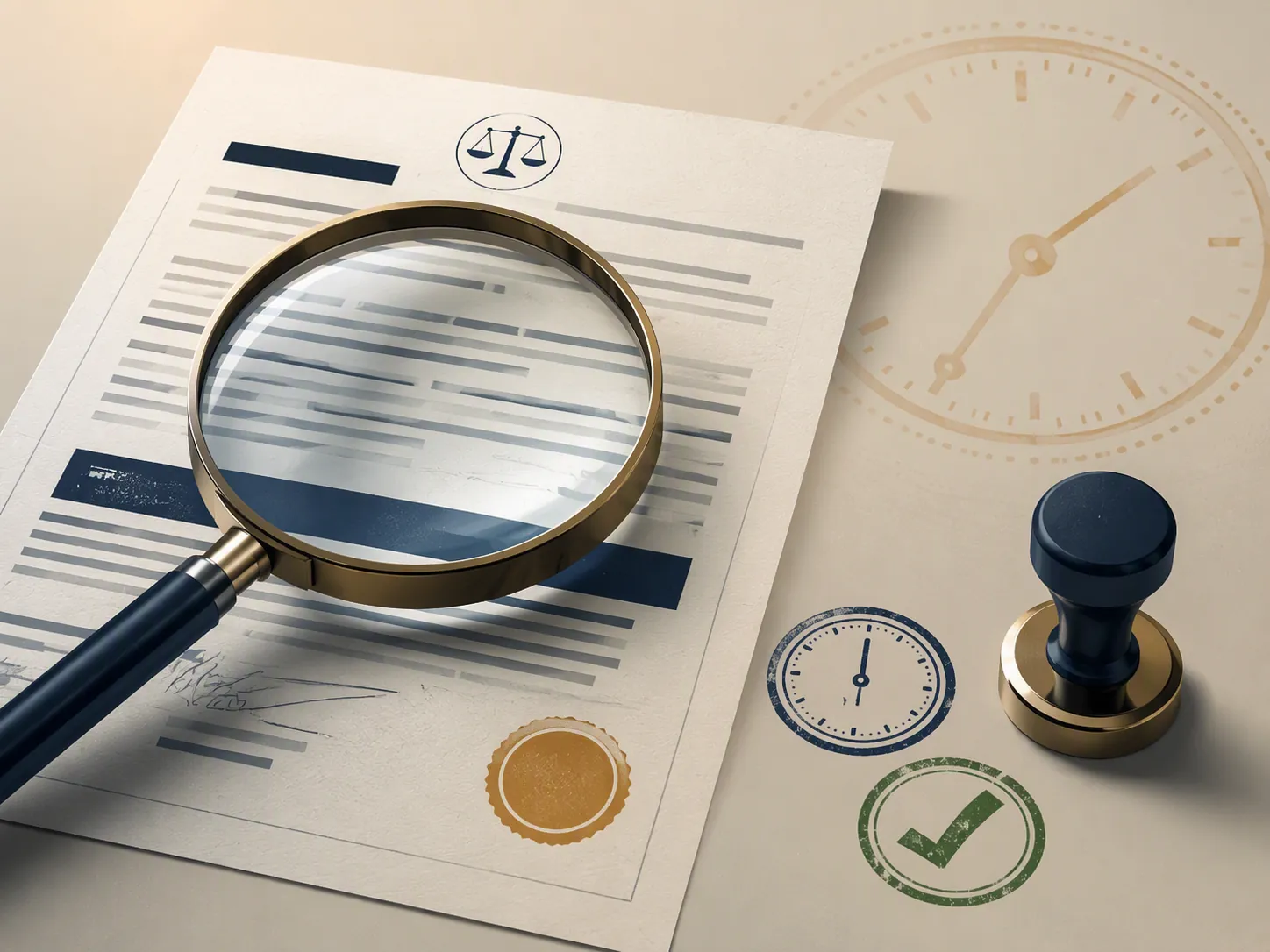 Printed legal document under a magnifying glass with a date stamp and green checkmark