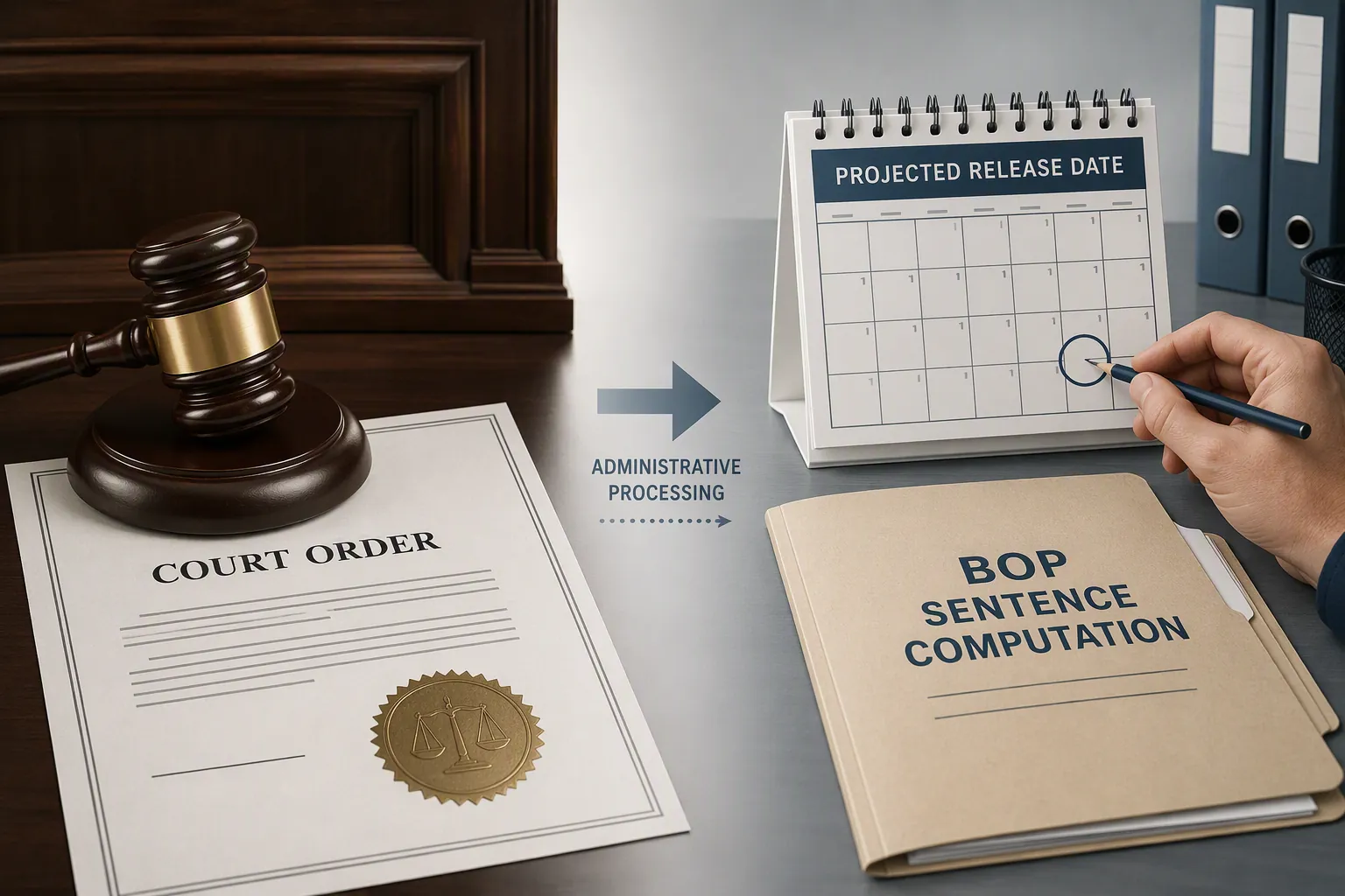 A judge’s gavel beside an administrative desk calendar, illustrating the difference between a court order and a projected release-date computation