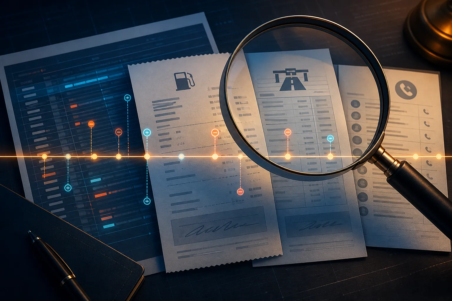Magnifying glass over a digital log table, fuel receipt, toll statement, and phone record showing cross-source verification of driver log entries