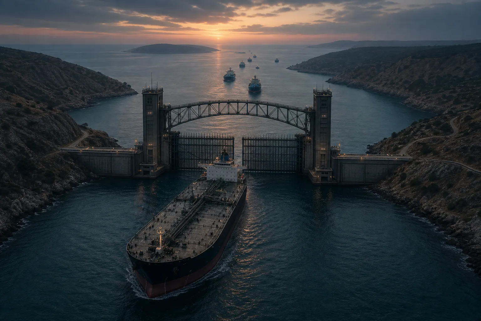 Large oil tanker approaching a maritime toll gate across a narrow strait at dusk
