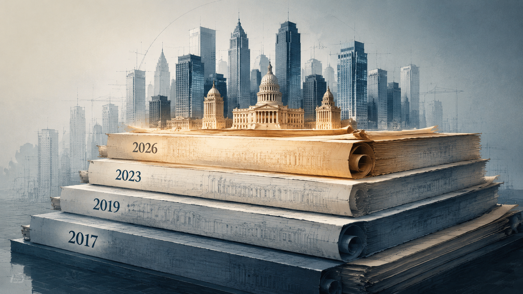 Layered legislative blocks forming a city skyline to represent accumulated English devolution statutes