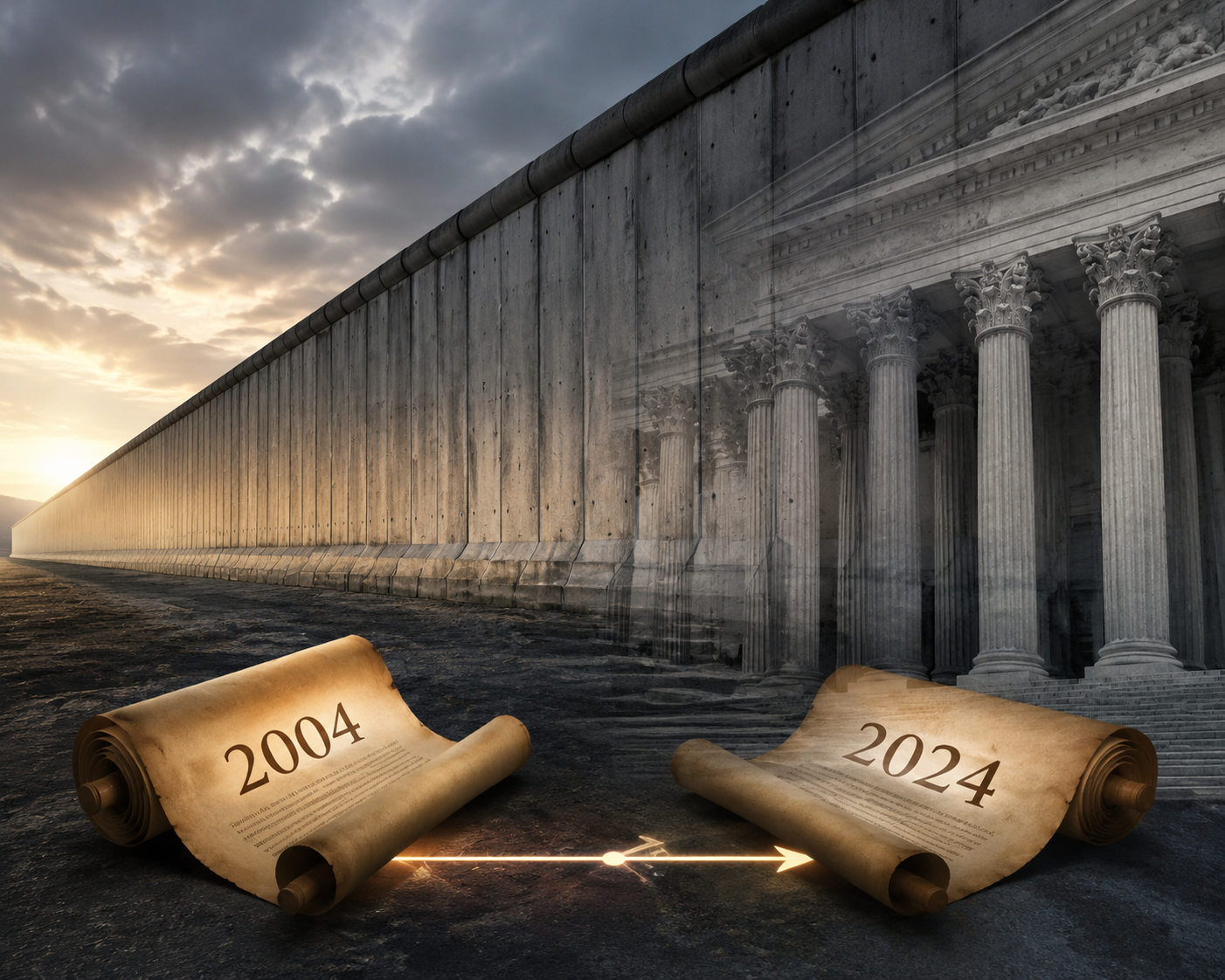 Concrete barrier and courthouse imagery with legal documents marked 2004 and 2024