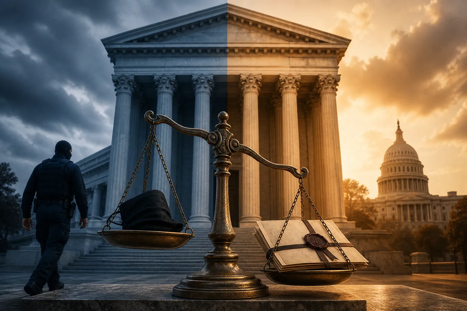 Courthouse illustration split between a masked federal agent and a state capitol with scales holding a face covering and legal document