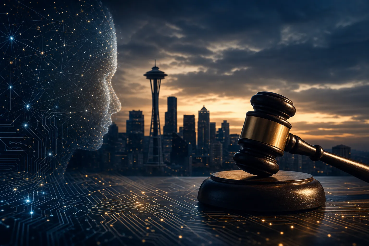 Space Needle silhouette with courtroom gavel and digital circuit patterns suggesting AI evidence risk