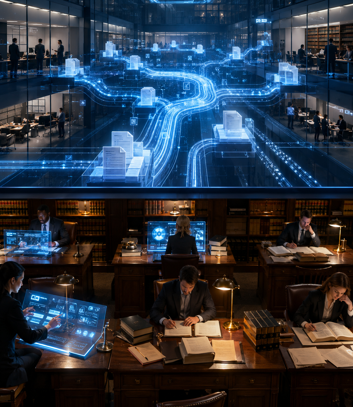 Digital law firm workflows above individual lawyer desks showing uneven AI adoption