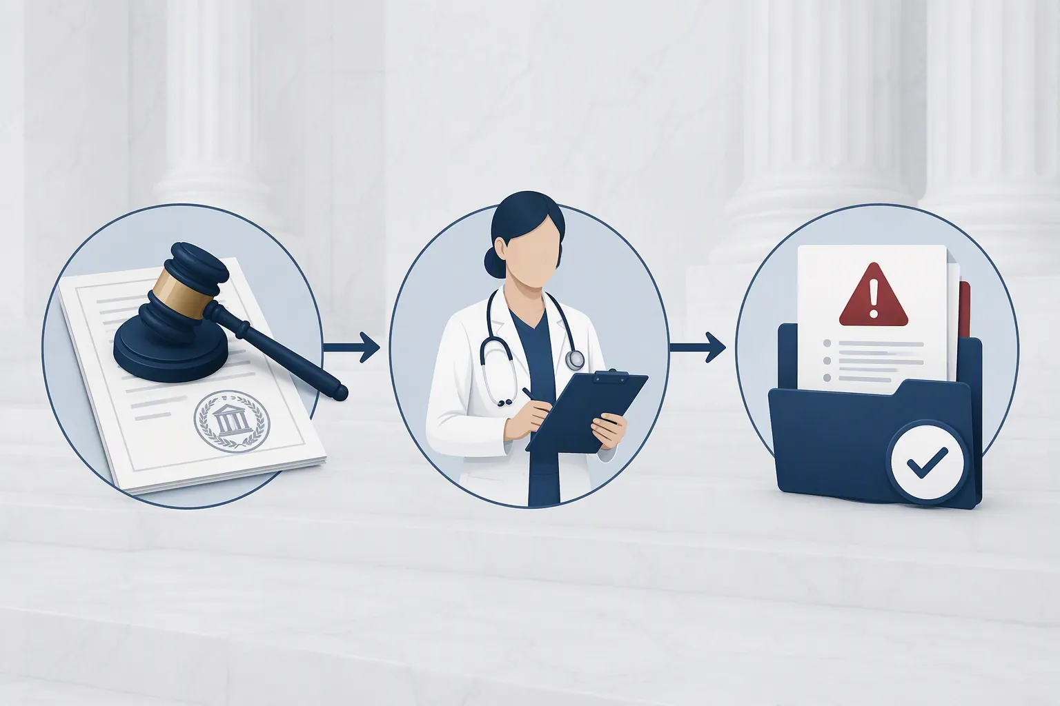 Diagram showing a court order, medical monitor, and compliance findings linked in sequence