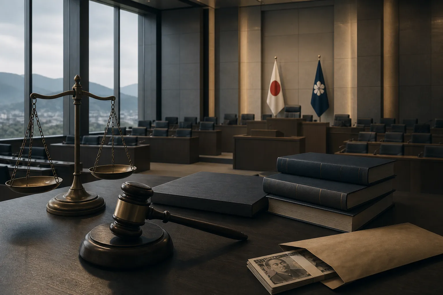Japanese prefectural assembly chamber with statute books, scales of justice, a gavel, and a cash envelope in shadow