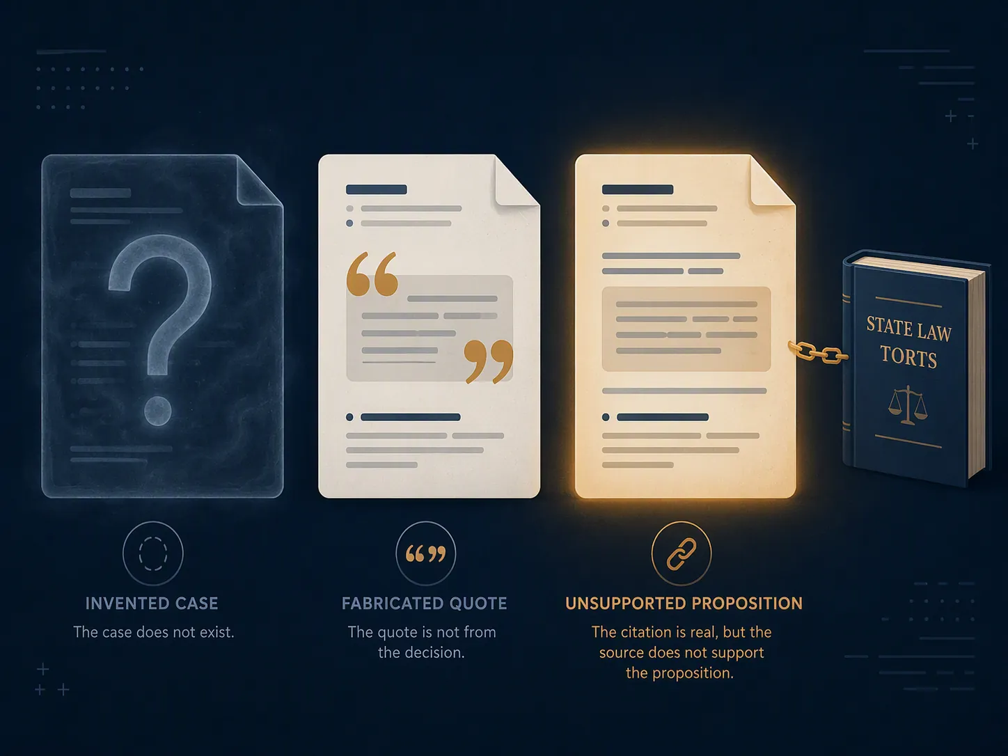 Three abstract document cards representing invented cases, fabricated quotations, and a real citation linked to the wrong authority