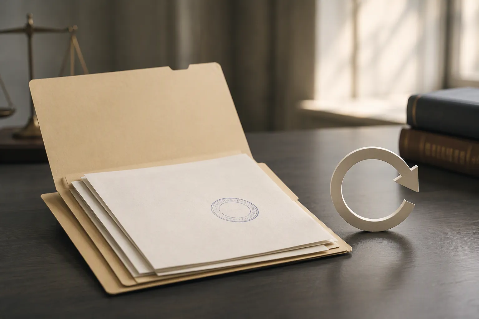 Open case file folder with papers and a circular arrow symbol suggesting a filing can return