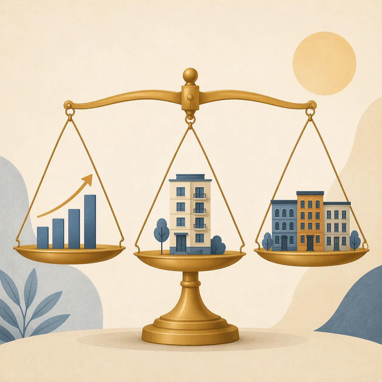 Balanced scales holding CPI, property condition, and comparable rent symbols