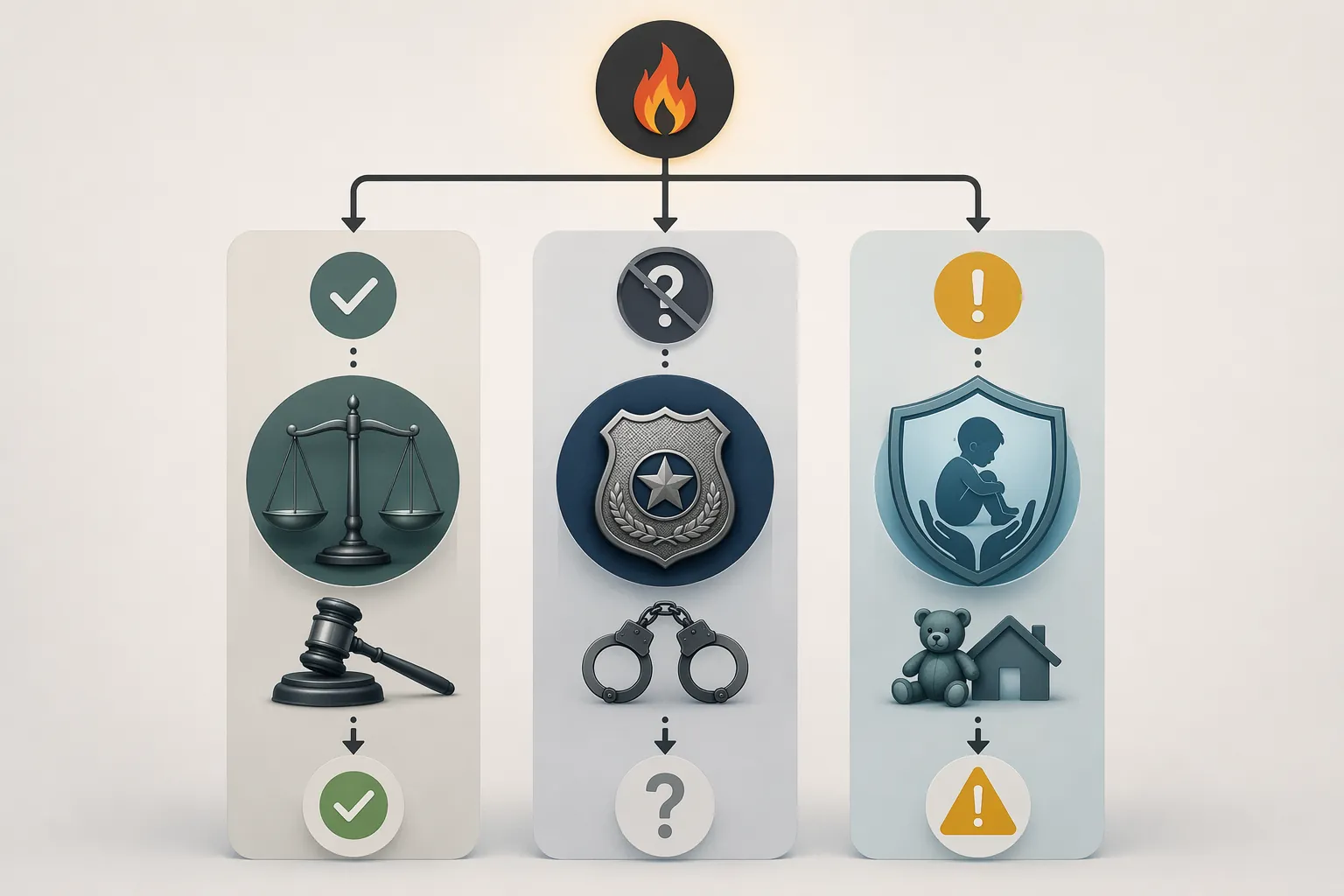 Three columns showing civil, criminal, and child-safety systems reaching different outcomes from one conflict marker